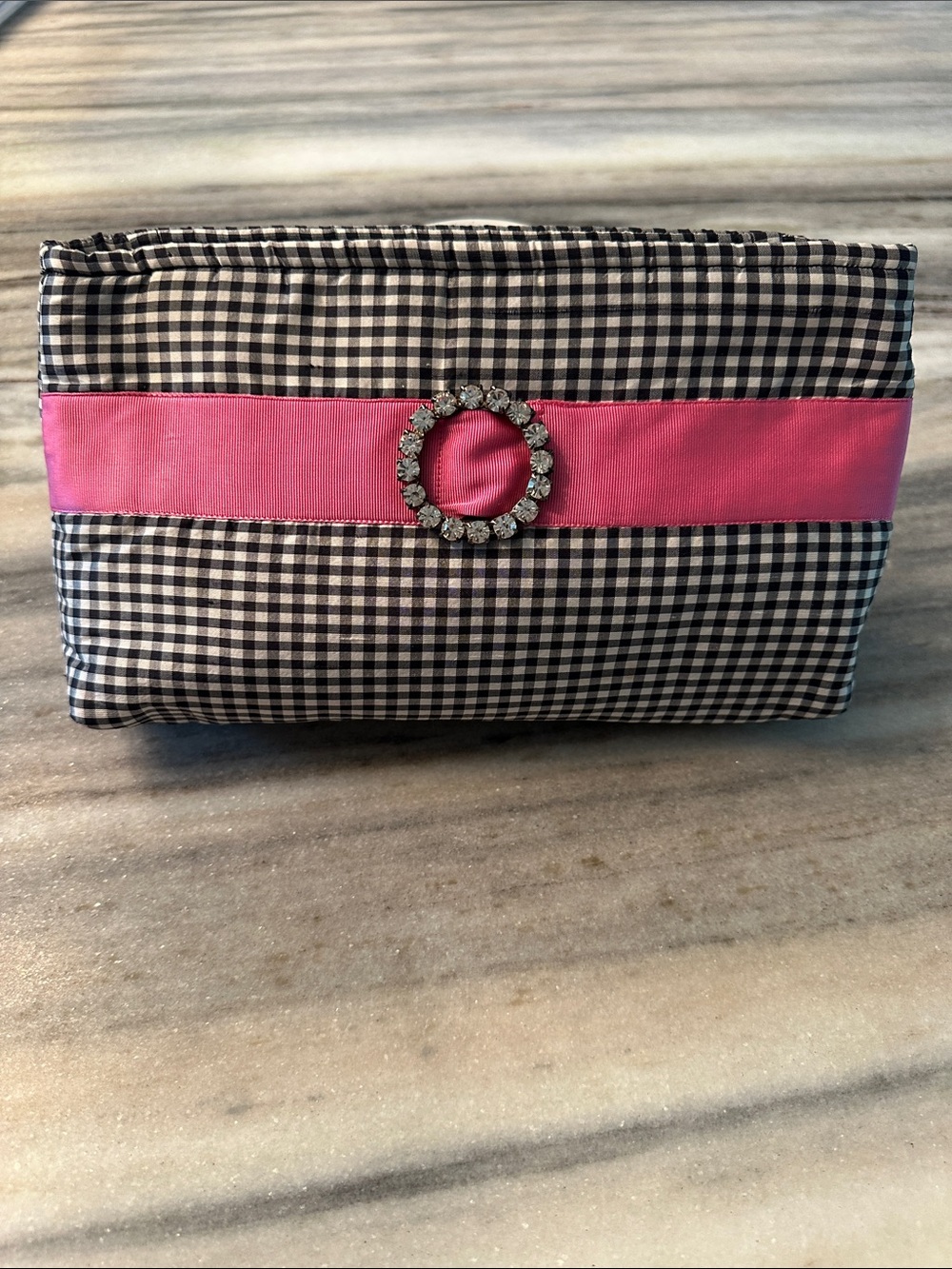 FORNASH GINGHAM CLUTCH WITH CRYSTAL BROOCH